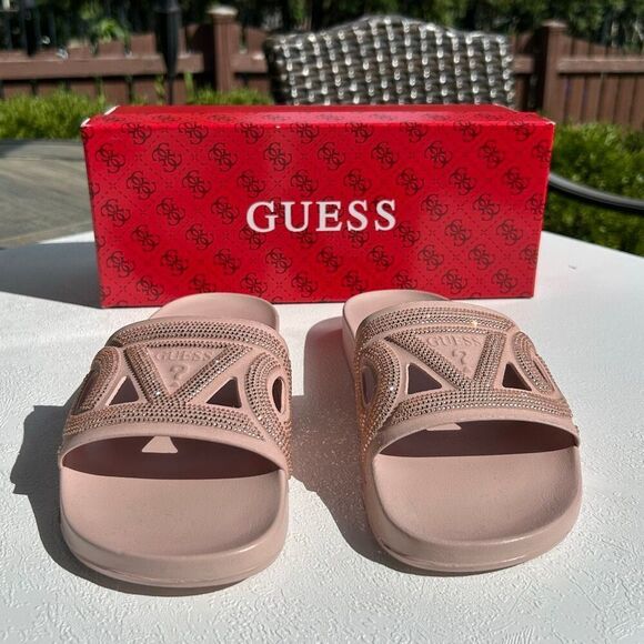 Guess Light Pink Rhinestone Logo Slides Sandals Size 7M with Box - Picture 2 of 6